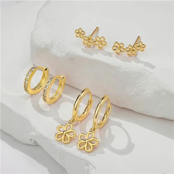 Cute Daisy Flower Earrings Set – 14K Gold Plated Cubic Zirconia Huggie - Picture 2 of 4